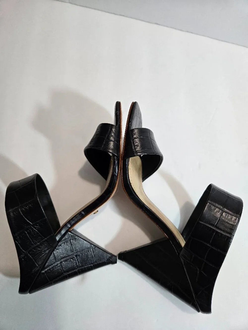 RAYE Black Gaze Croc-Embossed Double Strap Square Toe Slide Heels Size 8